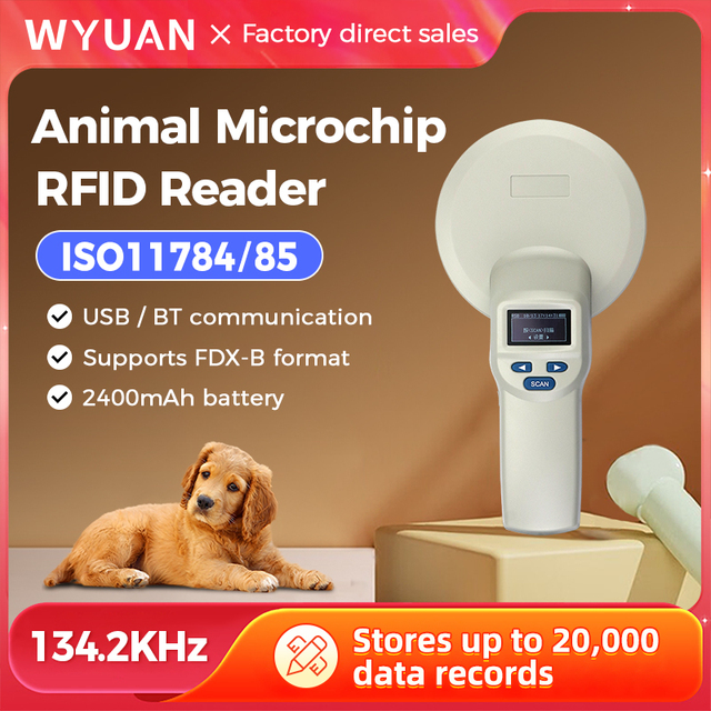 Portable Handheld Pet Microchip RFID Reader 134.2KHz LF Ear Tags Animal Scanner ISO11784/85 for Farm Livestock Management