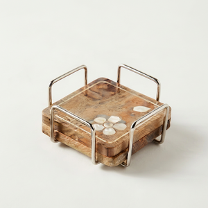 Ensemble de sous-verres carrés en bois avec incrustation de nacre motif floral, tapis antidérapants, style oriental, faits à la main, accessoires de table écologiques - Product Image 1