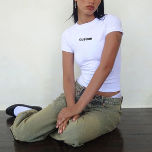 Camiseta Corta <span class=keywords><strong>de</strong></span> Algodón 100% con Estampado Sexy y Logo Personalizado para <span class=keywords><strong>Mujer</strong></span>, Estilo Ribbed <span class=keywords><strong>de</strong></span> Manga Corta, Básica y Ajustada, <span class=keywords><strong>de</strong></span> Fábrica - Product Image 3