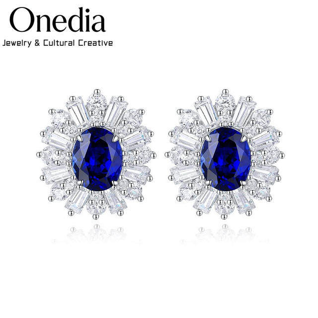 Onedia Oval Cut Royal Blue Lab Grown Sapphire Halo Baguette Cluster Stud Earrings 925 Sterling Silver Luxury Elegant Certified