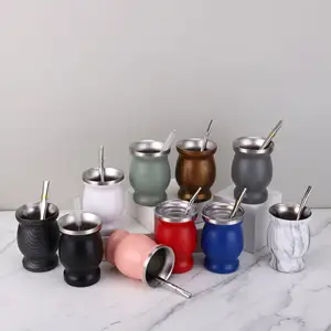 Kleine Größe 8OZ Edelstahl Vakuum becher Yerba Mate Cups Reise Kaffeetasse mit Löffel Strohhalme und Pinsel