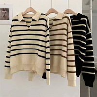 Automne/hiver pull décontracté ample pour femmes rayé tricoté pour chandails à col polo col en v chaud et confortable