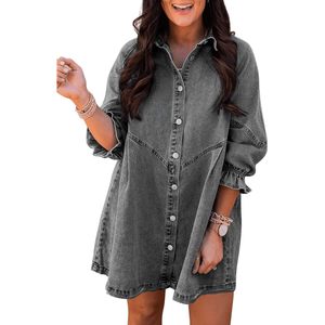 Sidefeel Robe en jean boutonnée pour femme avec manches 3/4 smockées ASIN B0BNKR2GFF - Product Image 1