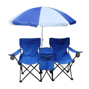 Silla plegable de tela azul con paraguas, asiento doble de dos plazas para playa y acampada