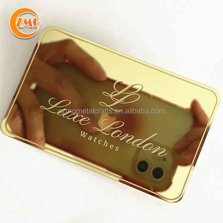 Tarjetas de membresía de acero inoxidable, espejo dorado en relieve personalizado de alta calidad, venta al por mayor