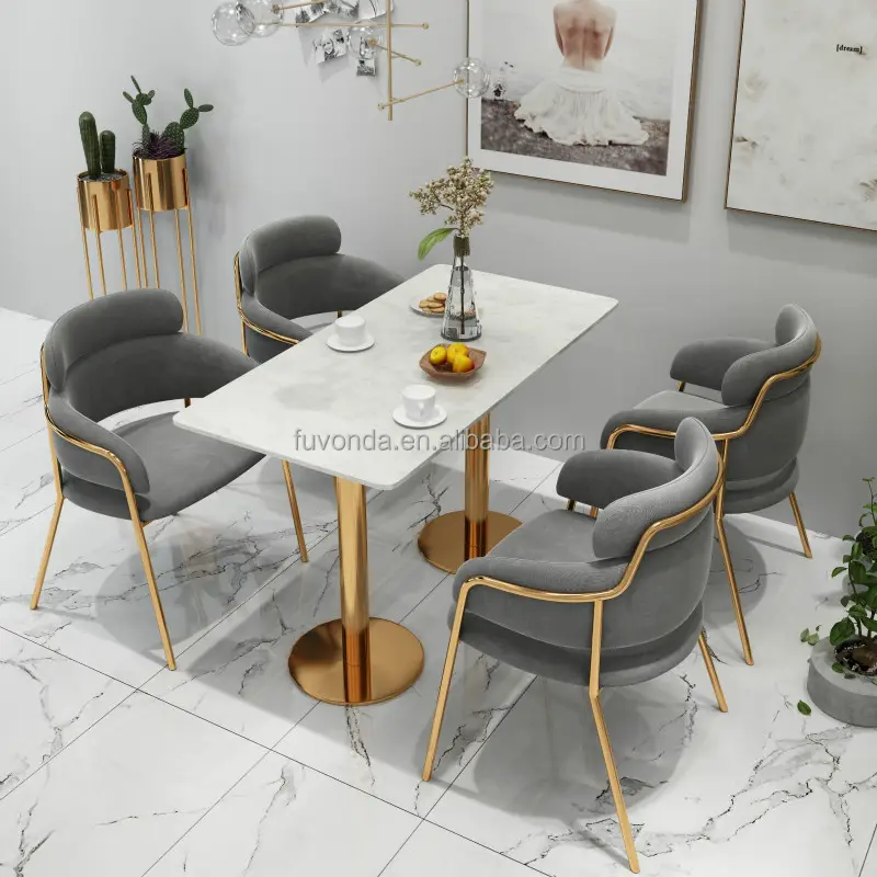 Silla de salón de café de lujo y mesa de restaurante mesa de comedor con 4 asientos sillas de terciopelo y mesas para cafetería