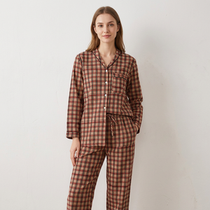 Ensemble de pyjama en coton 100% pour femmes, manches courtes, boutonné, vêtements de nuit, coupe classique, motif à carreaux, vêtements décontractés pour la maison - Product Image 1