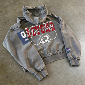 Sudadera con capucha oversize de algodón pesado con cremallera, estilo streetwear, con efecto desgastado, lavado ácido, doble capucha y bordado personalizado - Product Image 3