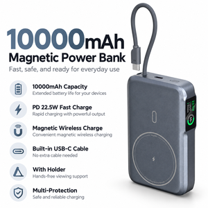 พาวเวอร์แบงค์แม่เหล็กไร้สาย 10000mAh ชาร์จเร็ว PD22.5W สาย Type-C ในตัว หน้าจอ TFT พร้อมขาตั้งโทรศัพท์ พกพาสะดวก - Product Image 1