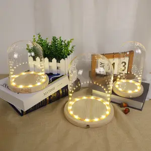 Wholesale Customized Decorative Oval Mini Clear Led Light Christmas Cloche Borosilicate Glass Display Dome Craft With Wood Base