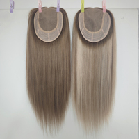 Hylux Topper en cheveux humains vierges chinois, base en soie, dentelle française, sans colle, couleurs mélangées, longueur longue, fin, léger et stable