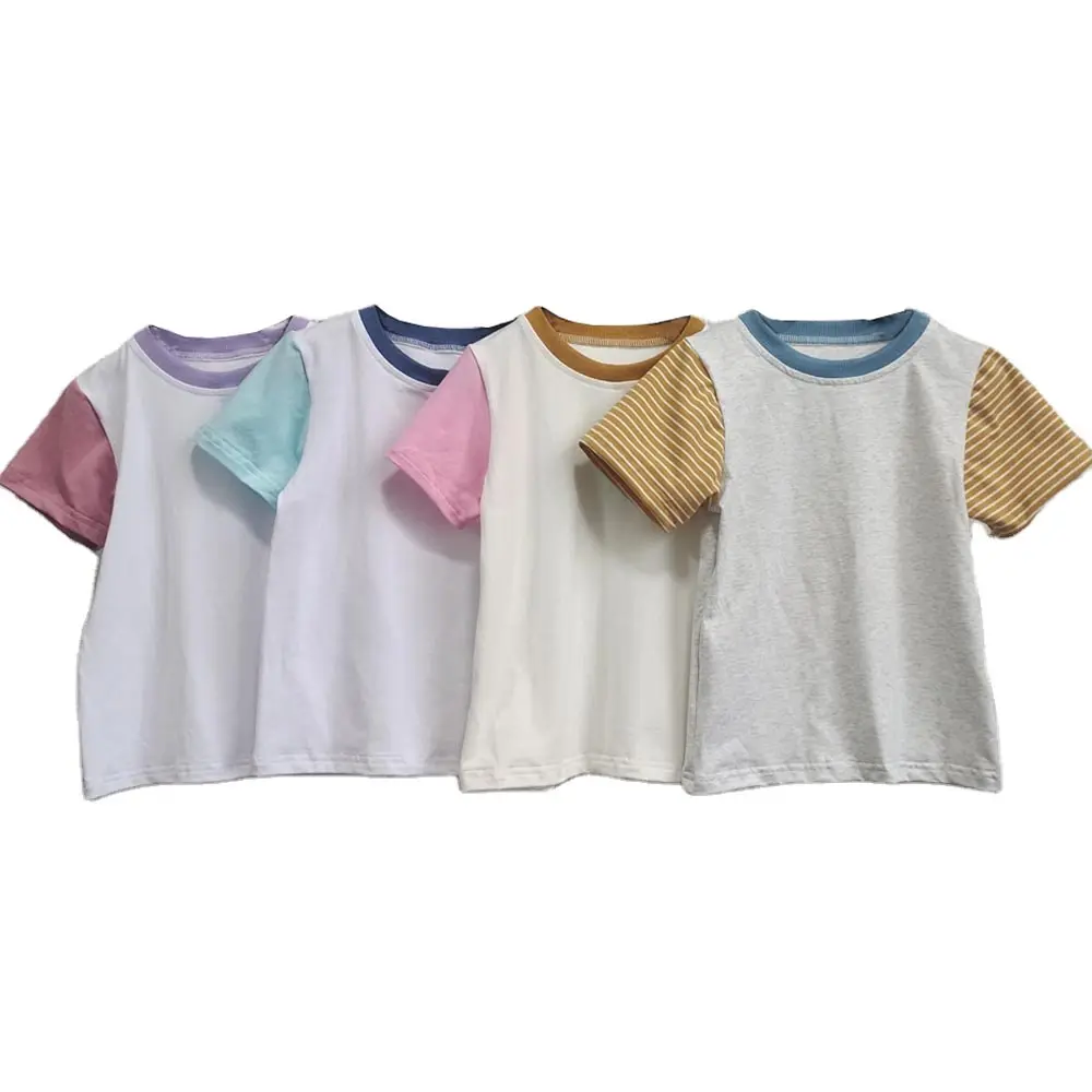 Blocs de couleur coton unisexe enfants t-shirts ras du cou bébé chemises basiques