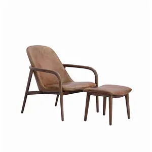 Mid-century Accent Nordic Genuine Leather Furniture Lounge Chair with Solid Wooden Frame and Elegant Stylization with Ottoman