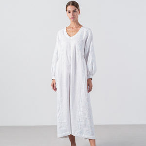 Tùy Chỉnh Phụ Nữ Thời Trang Giản Dị Cộng Với Kích Thước Dài Tay Áo Lỏng Lẻo Vành Đai Trắng <span class=keywords><strong>Linen</strong></span> Trắng Thêu Ăn Mặc - Product Image 2