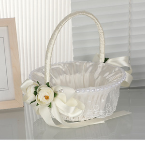 Faux Flower & Lace Basket Fresh Vintage Style Flower Girl Handbag Basket <b>Wedding</b> Decor <b>Prop</b> - Product Image 2