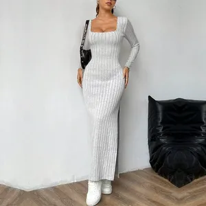 <span class=keywords><strong>Robe</strong></span> élégante pour femmes à manches longues avec col carré et <span class=keywords><strong>dos</strong></span> ouvert en gris pour <span class=keywords><strong>le</strong></span> printemps et l'<span class=keywords><strong>été</strong></span>, vente en gros - Product Image 4