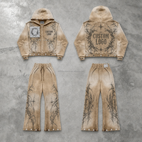 Ensemble veste zippée à capuche beige et pantalon ample à jambes larges pour homme, avec détails de patchwork, style streetwear, OEM ODM