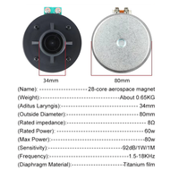 HA250-1 Haut-parleur de compression à aimant aérospatial de 28 mm, 80 mm, 34 mm de goulot, 8 Ohm, 60W, pour enceintes audio DIY