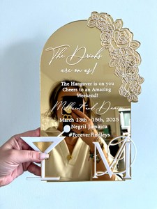 Logotipo personalizado con forma de espejo cortado con láser, lámina dorada, acrílico, tarjetas de menú de boda, diseño Floral con iconos de bebidas en 3D - Product Image 3