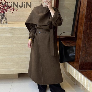 Cappotto Lungo da <span class=keywords><strong>Donna</strong></span> in Lana di Alta Qualità, Elegante, con Collo a Sciarpa, Colletto Classico, Cintura e Laccio, Vestibilità Ampia, Caldo e Spesso, Ideale per l'Ufficio e l'Inverno - Product Image 1
