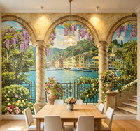 Papier peint mural Paysage Côtier Italien avec Arche en Pierre et Glycine pour Décoration Murale de Salon, Hôtel, Café
