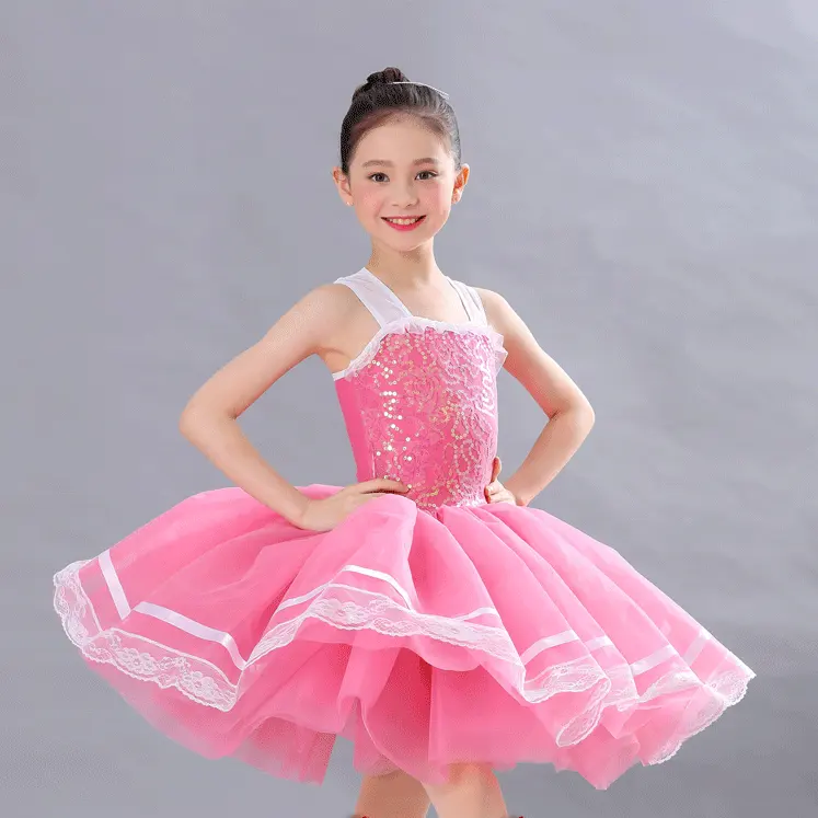 DL039 wholesale girls pink sequin leotard ballet tutu skirt lovely dance wear flower pink tulle dance costume kids dance tutu