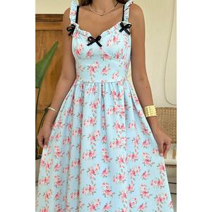 Elegante Vestido Floral Azul Cielo con Tirantes Finos, Corte en A, Cintura Elástica, Tejido Transpirable, para Uso Diario Informal - Product Image 2