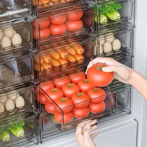 Dapur Plastik Menarik Kotak Penyimpanan Transparan Laci Stackable Kulkas Makanan Organizer dengan Pegangan