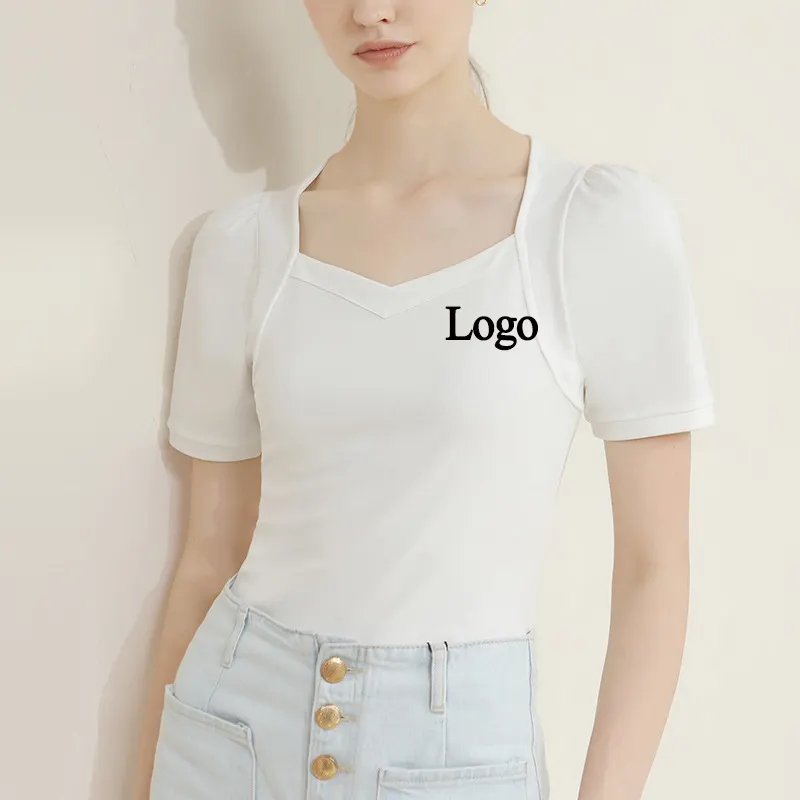 Özel yeni fransız tarzı kare boyun düz renk bayanlar üst puf kollu kısa eğilim tasarım zarif T-shirt kadın gömlek bluz