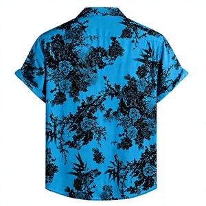 เสื้อเชิ้ตแขนสั้นพิมพ์ลายดอกไม้สีน้ำเงินสดสำหรับผู้ชาย เสื้อเชิ้ตคอปกแบบลำลอง ติดกระดุม ใส่เที่ยวทะเล รีสอร์ท ขายส่ง - Product Image 5