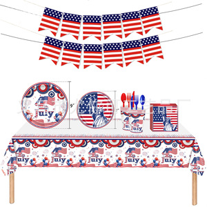 Ensemble de fête du Jour de l'Indépendance en papier avec assiettes, gobelets, serviettes, couverts, décoration de table jetable pour la célébration du 4 juillet - Product Image 2