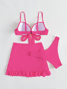 European American Women Three Piece Swimsuit Front Tie Push Up Bikini <b>Skirted</b> Tummy Control Bathing Suit - Product Image 4