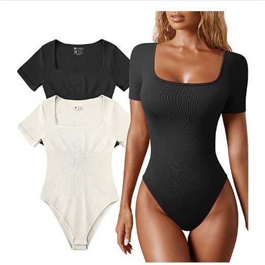 YQ 2026 Women's Summer Solid Casual Ribbed Short Sleeve Sports Yoga Jumpsuit With Skinny Fit O-neck Above Knee Length Polyester