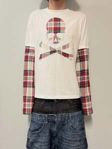 Sweat-shirt en coton personnalisé pour homme, imprimé à carreaux, avec appliqué tête de mort brodé, impression numérique, double couche, manches longues - Product Image 3