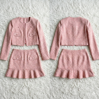 Ensemble jupe en tweed pour femme, veste courte, jupe taille haute à volants, mini-ensemble élégant pour le bureau, tenue de femme d'affaires, logo personnalisé, usine OEM