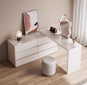 Escritorio minimalista moderno Mesa de maquillaje integrada Dormitorio Tocador de esquina de madera móvil con espejo y taburete - Product Image 1