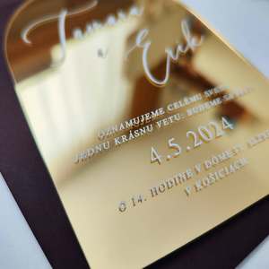 Tarjeta de invitación de boda acrílica arqueada con espejo de lujo personalizada, sobre negro, invitaciones de compromiso para parejas modernas - Product Image 4