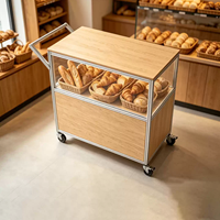 Présentoir mobile en aluminium, contreplaqué et acrylique pour boulangerie et snacks, avec roulettes
