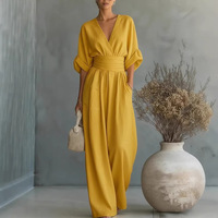 En stock – Nouvelle collection Printemps-Été 2026 – Combinaison élégante à col en V et ceinture à nouer pour femme – Tenue une pièce stylée de style européen et américain
