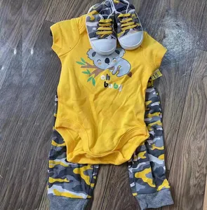Stok Pakaian Grosir dari Bangladesh Baju Bayi Katun Overruns Merek Set Bodysuit dan Celana Pakaian Bayi Set