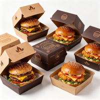 Boîte à emporter pour hamburgers et frites avec poignée, en papier kraft imprimé écologique pour l'emballage de livraison de restauration rapide