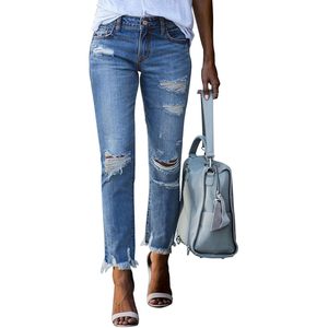 Sidefeel femmes Style Vintage déchiré jean jambe droite en détresse petit ami Denim pantalon coupe ample XL taille foncé mi automne - Product Image 4