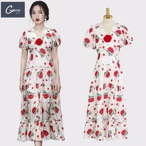 Canice gaun motif bunga wanita, baju wanita elegan lengan puff motif mawar leher V gaya Korea