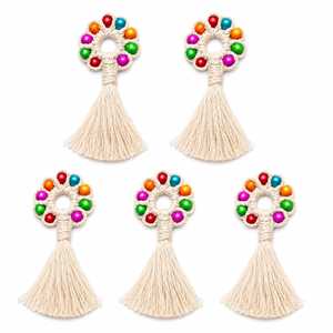 Pendentif porte-clés en macramé de coton, ornement de couronne à pompons perlés, décoration suspendue DIY pour la maison et la voiture - Product Image 3