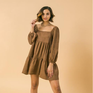 New Design Corduroy Mini <strong>Dress</strong> Featuring square Neckline <strong>Peasant</strong> Sleeve Tiered Body Patchwork Woman <strong>Dress</strong> - Product Image 1