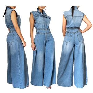 Casual Washed Sleeveless Denim One-piece Wide-legged <b>Pants</b> Women Jumpsuit Fashion - Product Image 1
