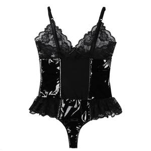 Women Lace <strong>Latex</strong> <strong>Leotard</strong> Clubwear Sexy Sheer Seamless Leather Lingerie Bodysuit - Product Image 5