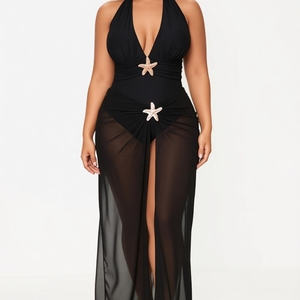 Traje de Baño de Una Pieza con Cuello Halter y Escote Profundo <span class=keywords><strong>en</strong></span> V para Mujer, con Decoración de Estrella de Mar y Pareo de Malla, Conjunto de 2 Piezas, Moda Sehe - Product Image 4