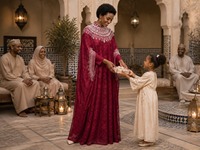 Robe de soirée de luxe en polyester, dentelle imprimée, lourdement perlée, col montant, cape chauve-souris, robe longue pour le festival de l'Aïd et les événements formels