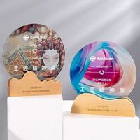 Nouveau design, trophée en verre cristal sur base en bois, écologique, gravé au laser, logo personnalisé, plaque de trophée vierge en bois